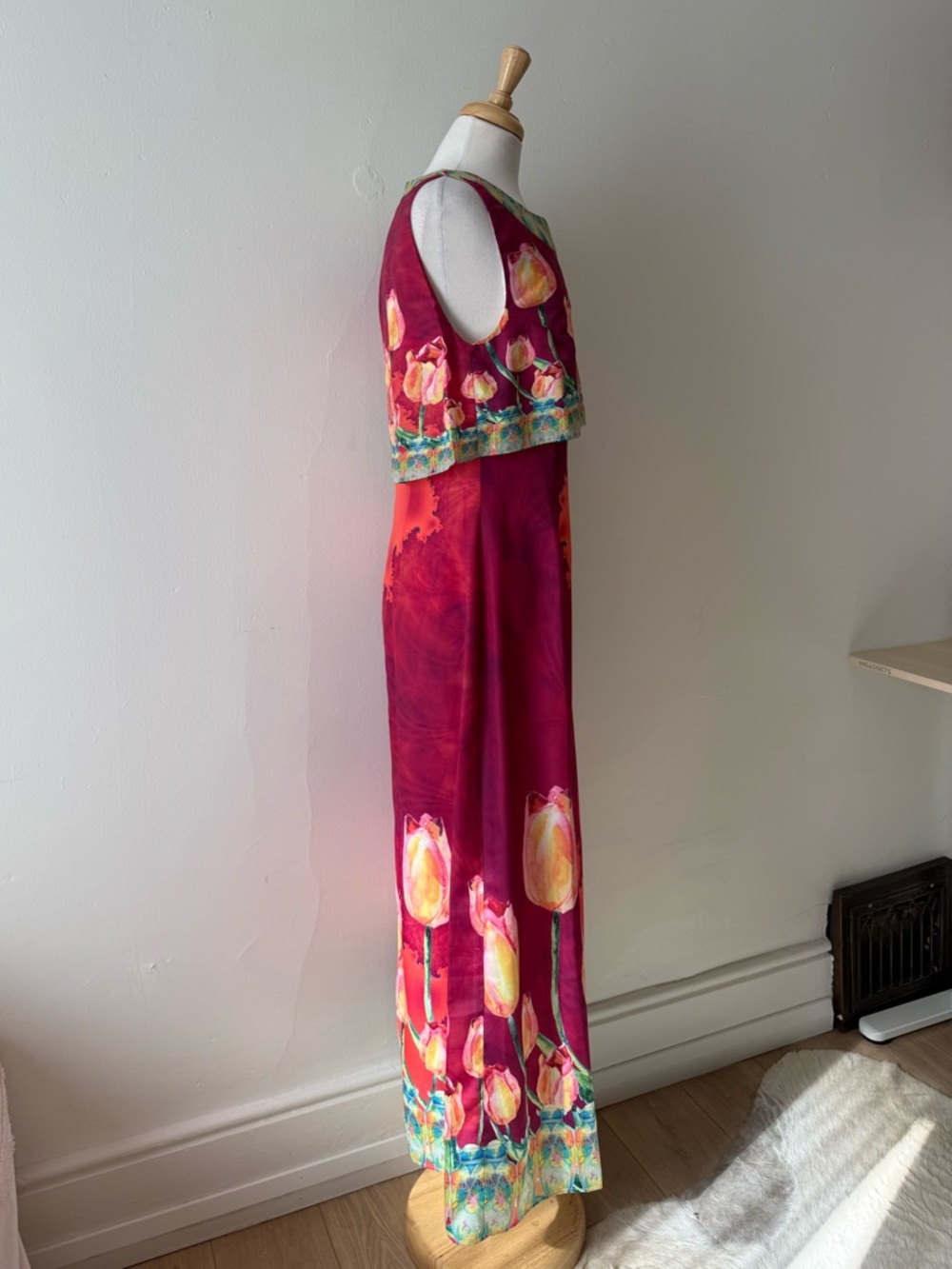 Mackenzie Mode Designer Watercolor Tulip Maxi Dress Cape Overlay Pink Floral - Picture 8 of 10